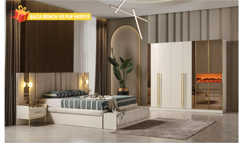 Aslı Yatak Odası Takımı (Baza Bench ve Puf Hediye)