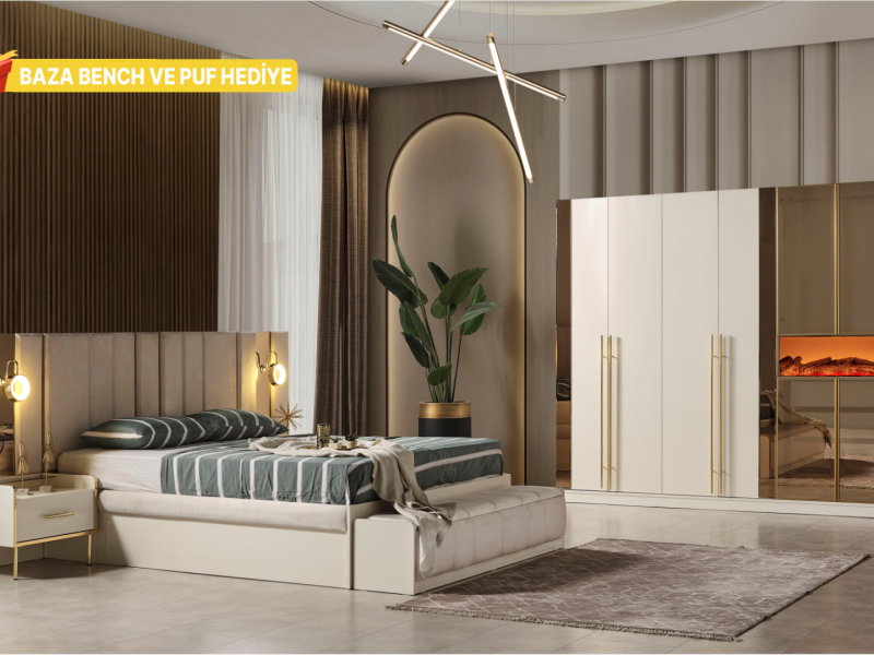 Aslı Yatak Odası Takımı (Baza Bench ve Puf Hediye)