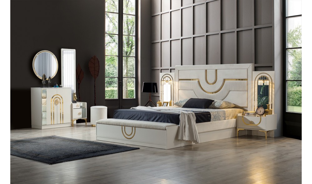 Sıla Yatak Odası Takımı Baza, Bench, Boy Aynası Ve Puf Hediye