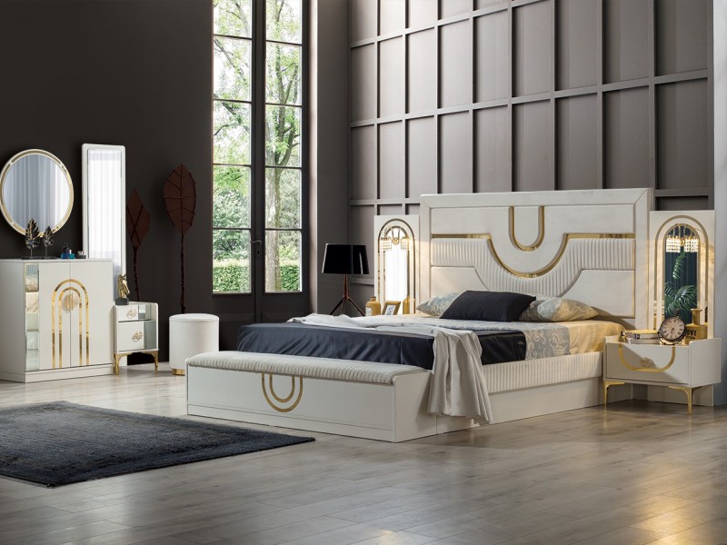 Sıla Yatak Odası Takımı Baza, Bench, Boy Aynası Ve Puf Hediye