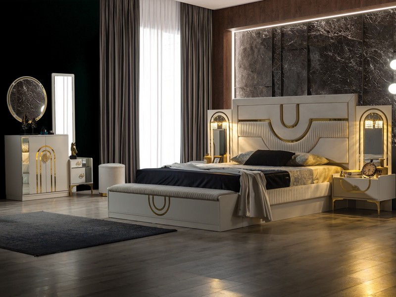 Sıla Yatak Odası Takımı Baza, Bench, Boy Aynası Ve Puf Hediye