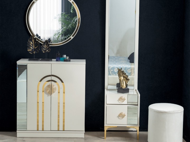 Sıla Yatak Odası Takımı Baza, Bench, Boy Aynası Ve Puf Hediye