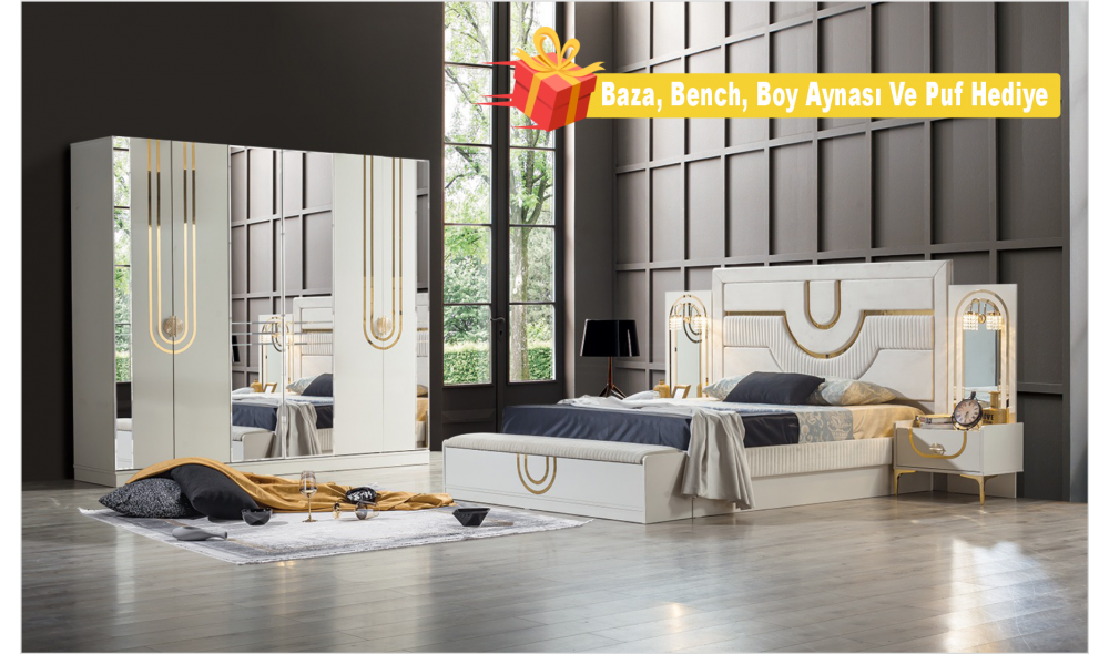 Sıla Yatak Odası Takımı Baza, Bench, Boy Aynası Ve Puf Hediye