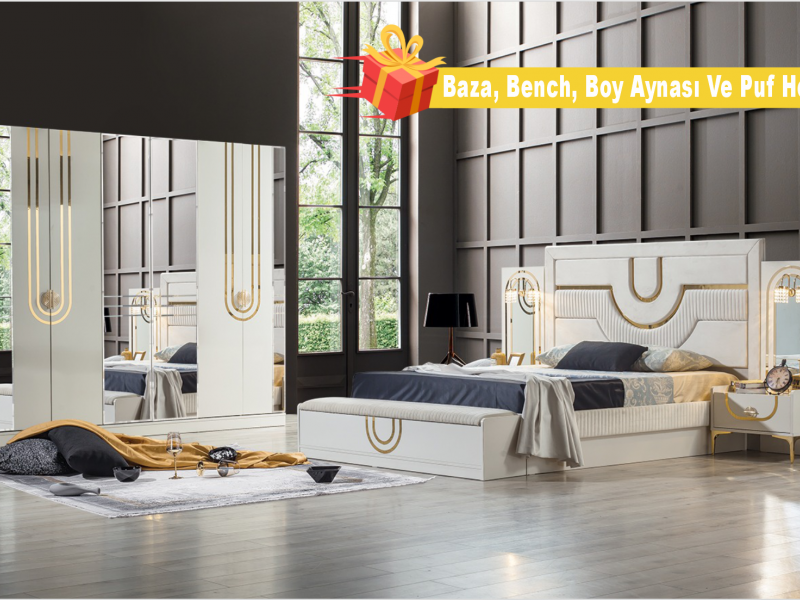 Sıla Yatak Odası Takımı Baza, Bench, Boy Aynası Ve Puf Hediye