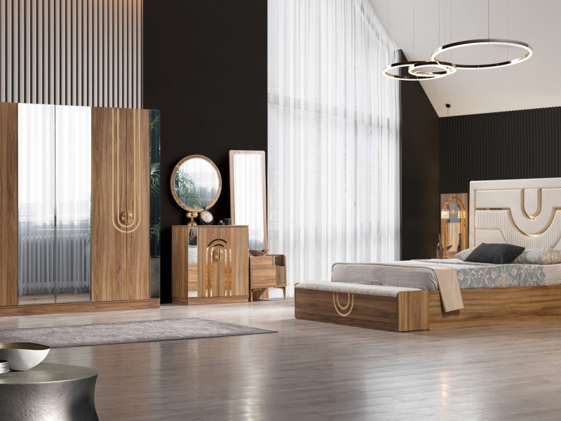 Sıla Ceviz Düğün Paketi Baza, Bench, Boy Aynası Ve Puf Hediye