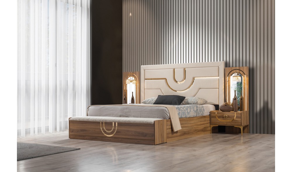 Sıla Ceviz Yatak Odası Takımı Baza, Bench, Boy Aynası Ve Puf Hediye