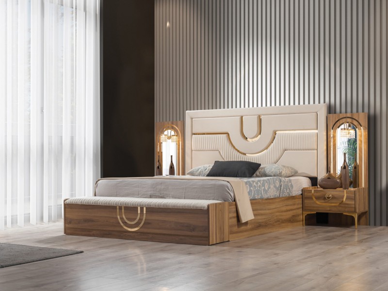 Sıla Ceviz Yatak Odası Takımı Baza, Bench, Boy Aynası Ve Puf Hediye