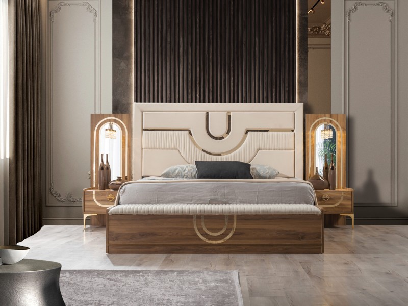 Sıla Ceviz Düğün Paketi Baza, Bench, Boy Aynası Ve Puf Hediye