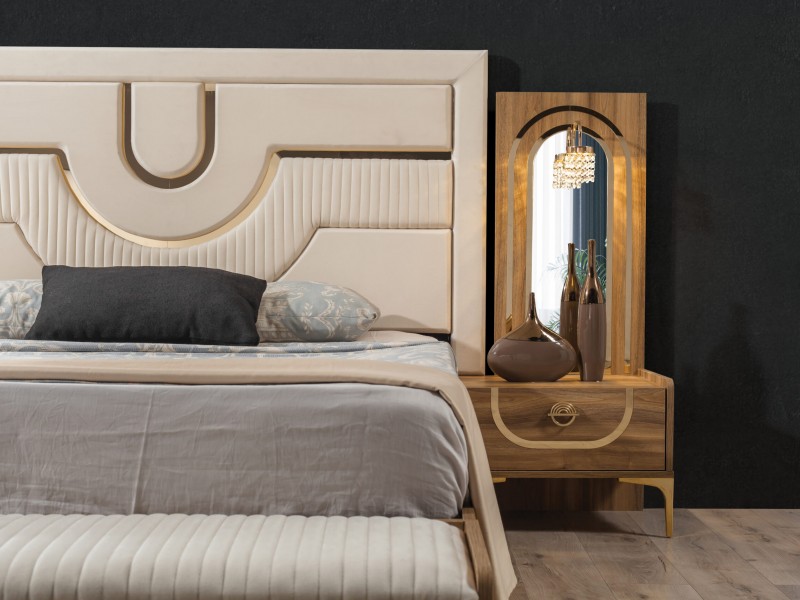 Sıla Ceviz Düğün Paketi Baza, Bench, Boy Aynası Ve Puf Hediye