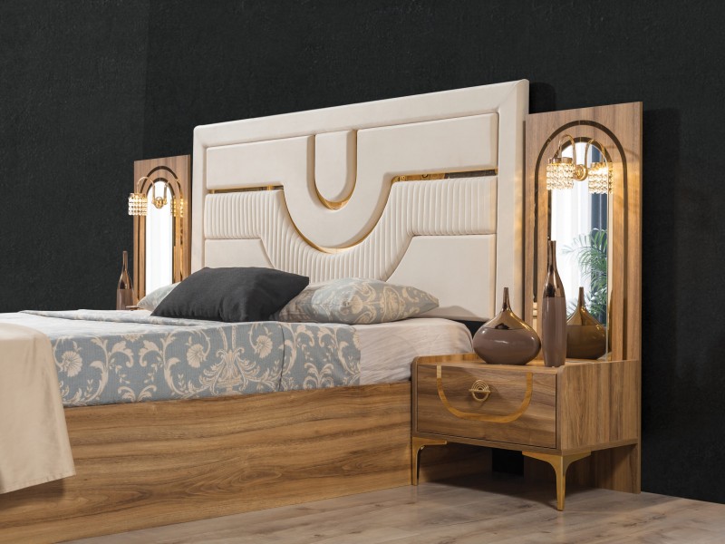 Sıla Ceviz Yatak Odası Takımı Baza, Bench, Boy Aynası Ve Puf Hediye