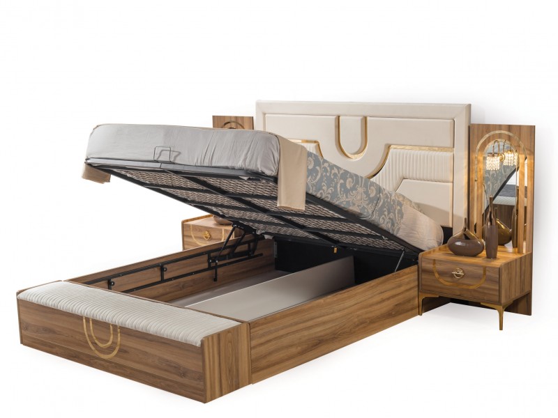 Sıla Ceviz Düğün Paketi Baza, Bench, Boy Aynası Ve Puf Hediye