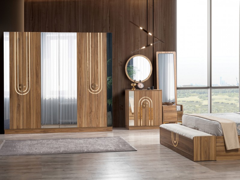 Sıla Ceviz Düğün Paketi Baza, Bench, Boy Aynası Ve Puf Hediye