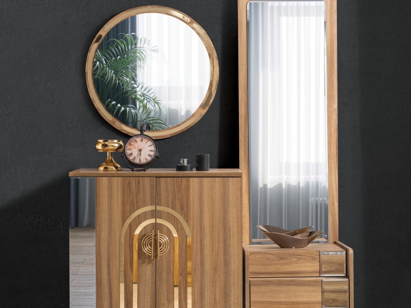 Sıla Ceviz Yatak Odası Takımı Baza, Bench, Boy Aynası Ve Puf Hediye