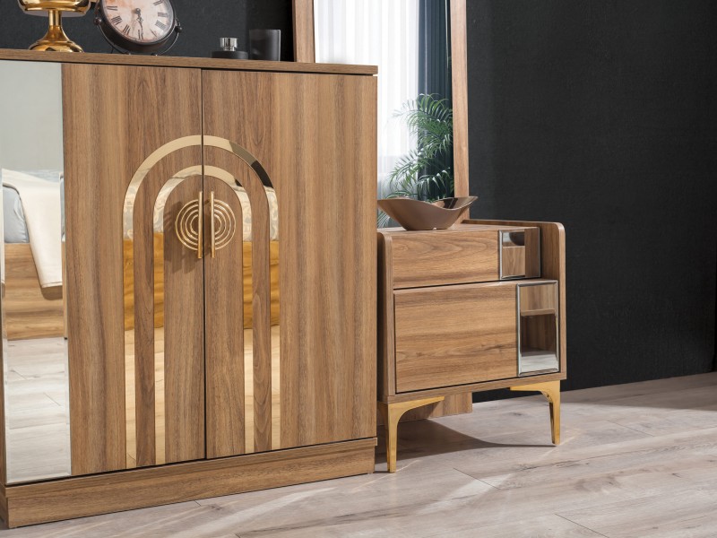 Sıla Ceviz Düğün Paketi Baza, Bench, Boy Aynası Ve Puf Hediye