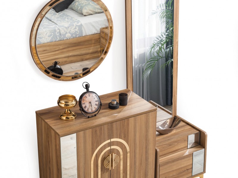 Sıla Ceviz Düğün Paketi Baza, Bench, Boy Aynası Ve Puf Hediye