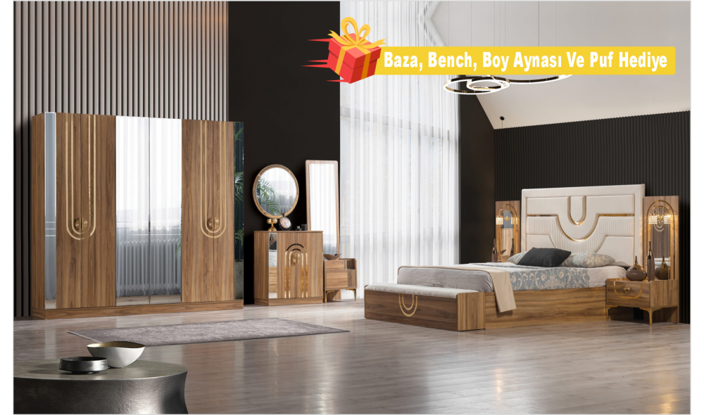 Sıla Ceviz Yatak Odası Takımı Baza, Bench, Boy Aynası Ve Puf Hediye