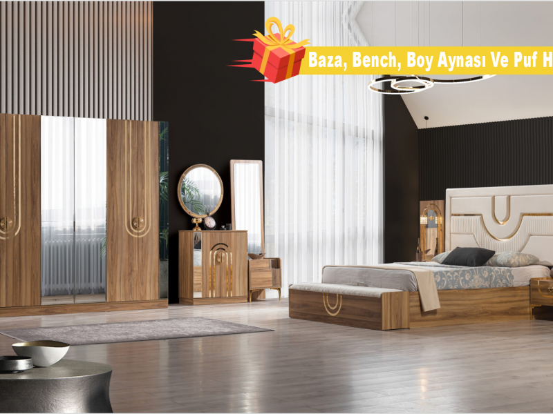 Sıla Ceviz Yatak Odası Takımı Baza, Bench, Boy Aynası Ve Puf Hediye